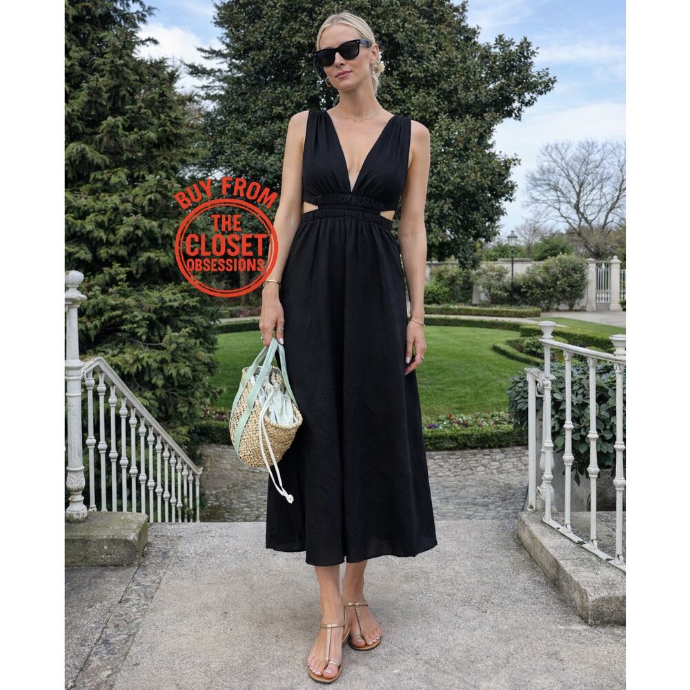 ZARA Black Linen Blend Maxi Dress NWT V Neck Resort Vacation Dress M - Picture 13 of 16